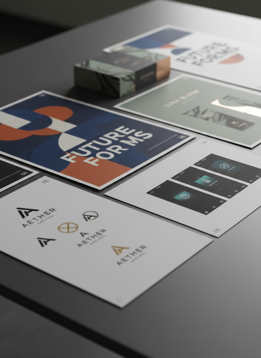 A close-up, photographic realism shot of a series of printed portfolio boards laid out on a smooth, dark grey table: a bold poster design, a refined logo suite, sleek app UI screens, and a sophisticated packaging concept, all bearing the subtle signature “DB.” The prints are precisely aligned with small overlapping edges, revealing different textures of premium matte and satin paper. Soft, diffused studio lighting from above and slightly to the right casts gentle, even illumination with minimal shadows, emphasizing color accuracy and detail. Captured at a low, three-quarter angle with a shallow depth of field, the foreground designs are tack-sharp while the back edges fall into a soft blur, creating a professional, curated, and confident atmosphere that highlights versatility in graphic design work.