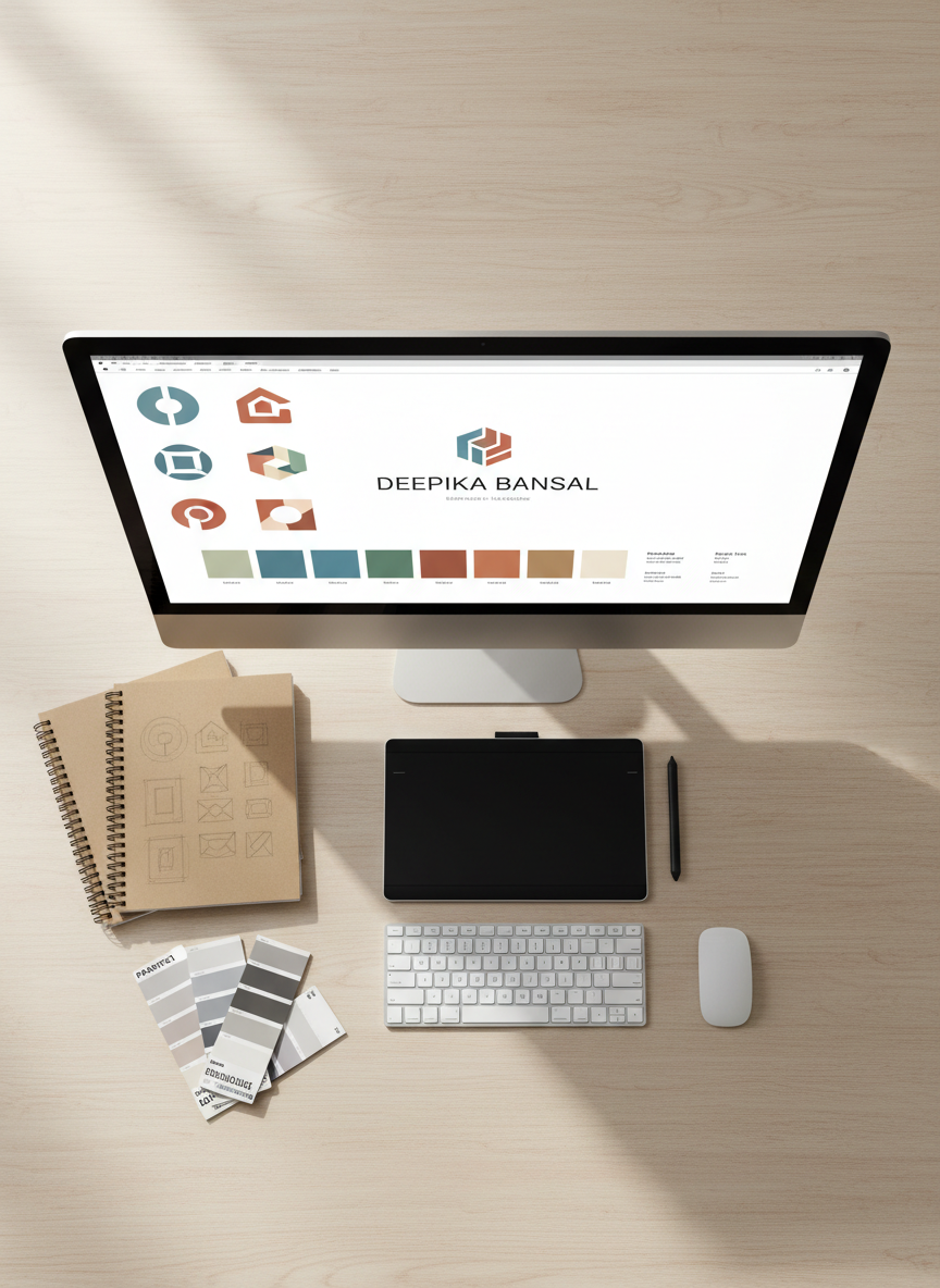 A meticulously arranged flat-lay of a graphic designer’s workspace on a pale oak desk, featuring a high-resolution monitor displaying a clean, minimalist brand identity board with logos, color swatches, and typography samples labeled “Deepika Bansal.” Around it lie neatly stacked sketchbooks with thumbnail logo explorations, Pantone color guides fanned out, and a slim graphics tablet with stylus resting precisely beside a wireless keyboard. Soft daylight from an unseen window to the left creates gentle, natural highlights on the screen and subtle shadows from the tools, evoking a calm, highly organized studio atmosphere. Shot from a perfectly overhead, photographic realism perspective with sharp focus and a slightly blurred outer edge, the composition feels professional, modern, and polished, ideal as a hero image for a graphic design portfolio.