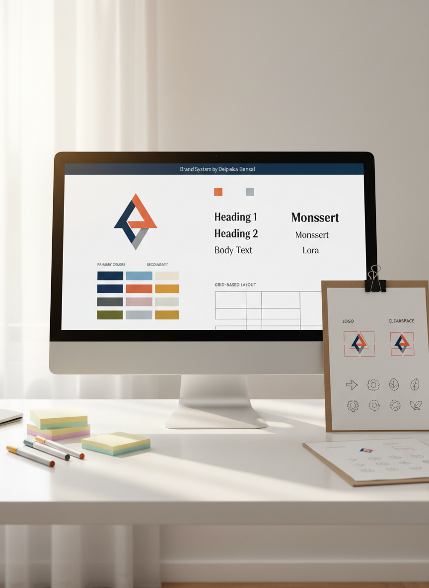 A modern computer screen on a clean white desk displaying a detailed brand style guide spread: a geometric logo, primary and secondary color palettes, typography hierarchy, and grid-based layout guidelines titled “Brand System by Deepika Bansal.” Next to the monitor, printed A4 sheets show logo clear-space diagrams and icon variations clipped together with a matte black binder clip. A neatly arranged set of colored sticky notes and fine-line pens adds subtle pops of color. Warm, indirect daylight filters through an off-frame window, creating soft reflections on the screen and a calm, focused ambiance. Photographic realism, eye-level composition, with balanced framing that keeps the monitor as the focal point while hinting at surrounding tools, conveying methodical, professional design thinking.