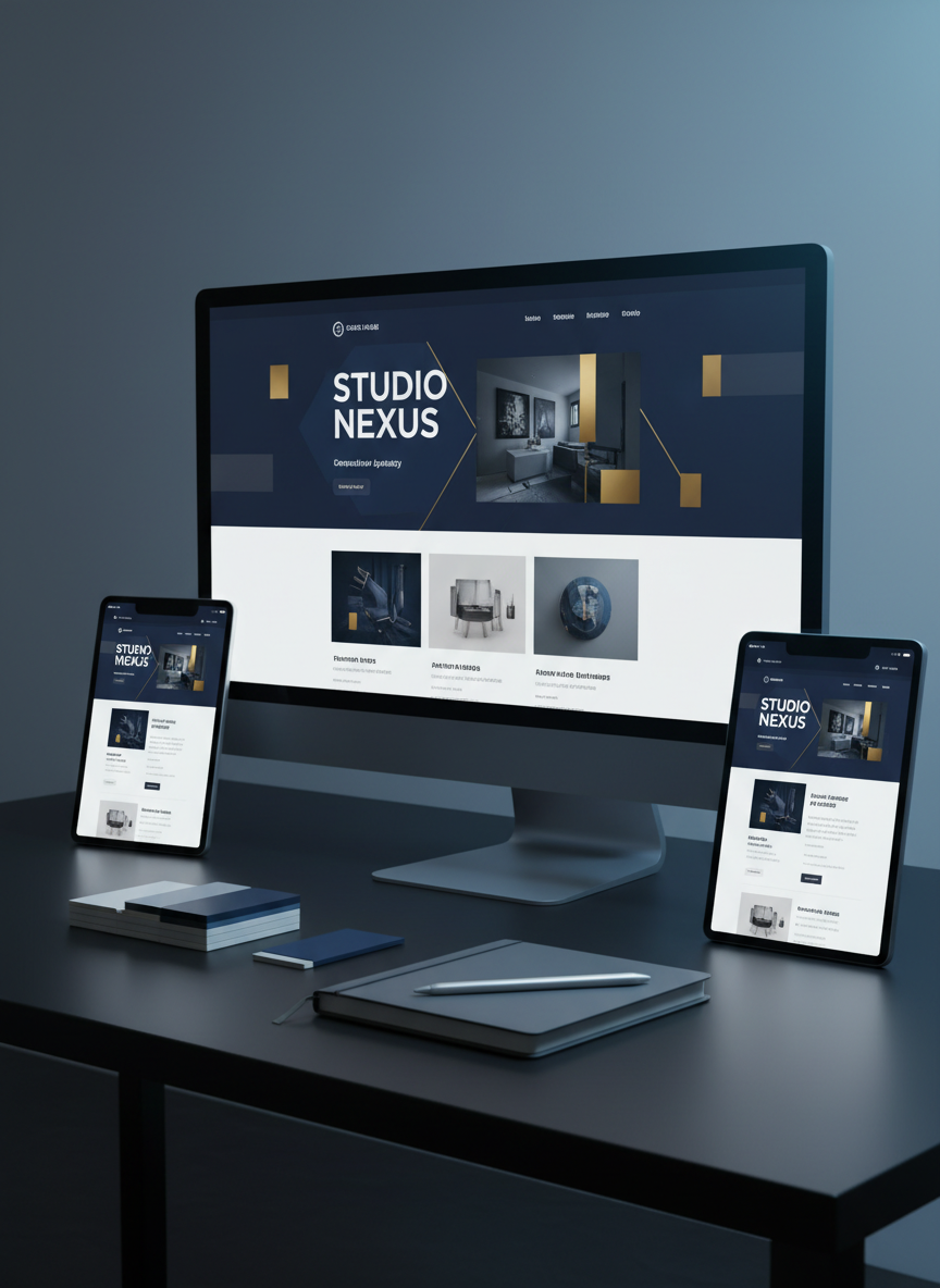 A sophisticated, photographic realism scene of a graphic design presentation setup: a large, ultra-wide monitor showing an elegant website homepage mockup for a creative agency, flanked by two vertical tablets each displaying responsive mobile versions of the same site. All devices rest on a matte black desk with a faint reflection, accompanied by a small stack of color-swatch cards and a neatly aligned notebook with a silver pen on top. Cool, diffused studio lighting from behind the camera illuminates the screens while a subtle rim light from the right defines the device edges. Shot from a slightly elevated angle using the rule of thirds, the composition feels contemporary and high-tech, evoking a confident, professional mood that highlights digital interface and web design expertise.