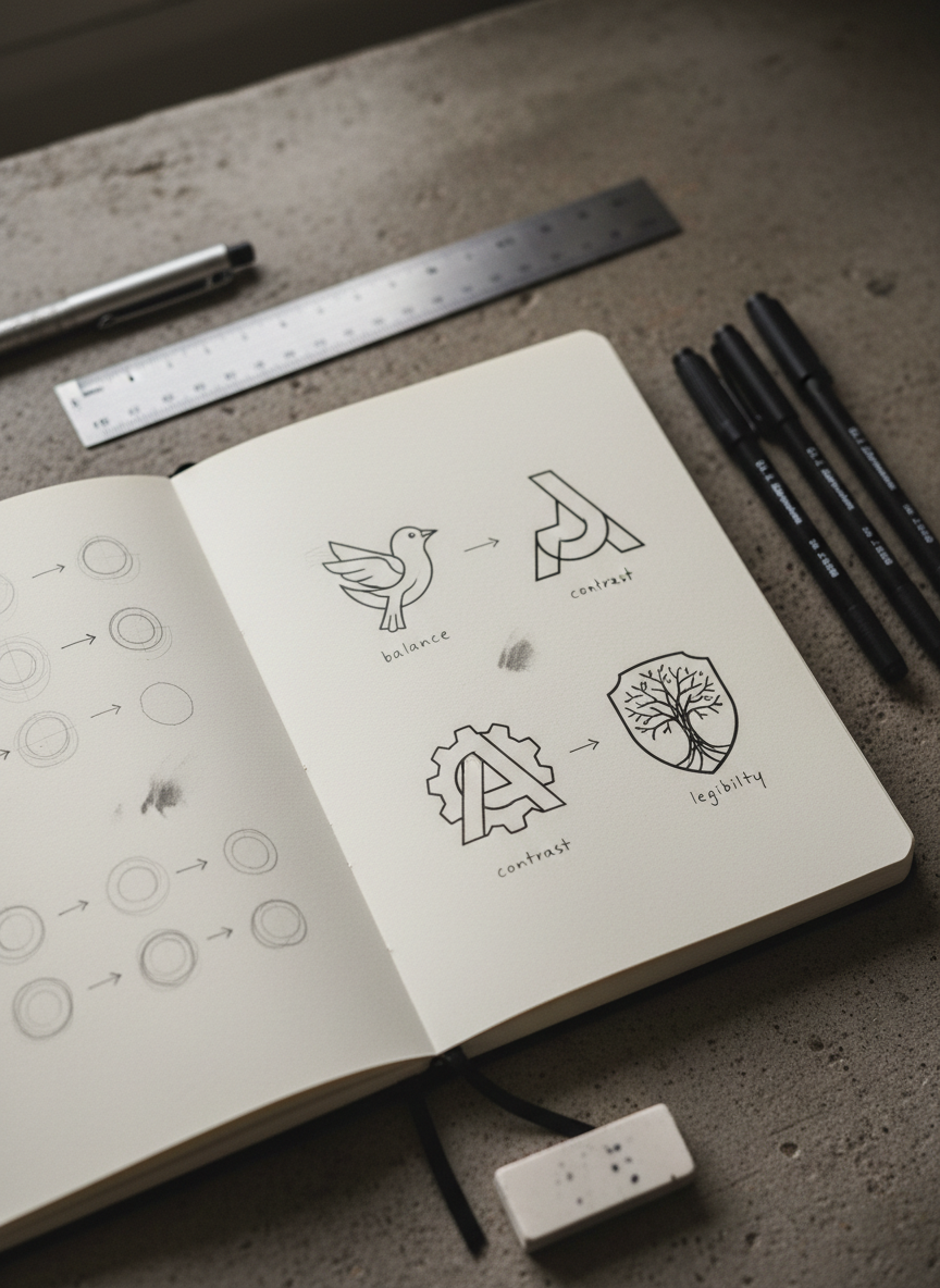 A photographic realism close-up of an open sketchbook on a textured concrete surface, filled with hand-drawn logo concepts progressing from rough pencil thumbnails to refined inked marks, each annotated with small notes like “balance,” “contrast,” and “legibility.” Surrounding the sketchbook are precision tools: a metal ruler, fine-tip pens, mechanical pencil, and a small eraser with faint graphite smudges. Soft, directional window light from the top left creates gentle shadows along the pen lines and paper texture, emphasizing process and craft. Captured from a slightly angled overhead view with a shallow depth of field, the center page is in crisp focus while the tools and page edges blur subtly, evoking a reflective, thoughtful atmosphere that celebrates the conceptual side of graphic design.