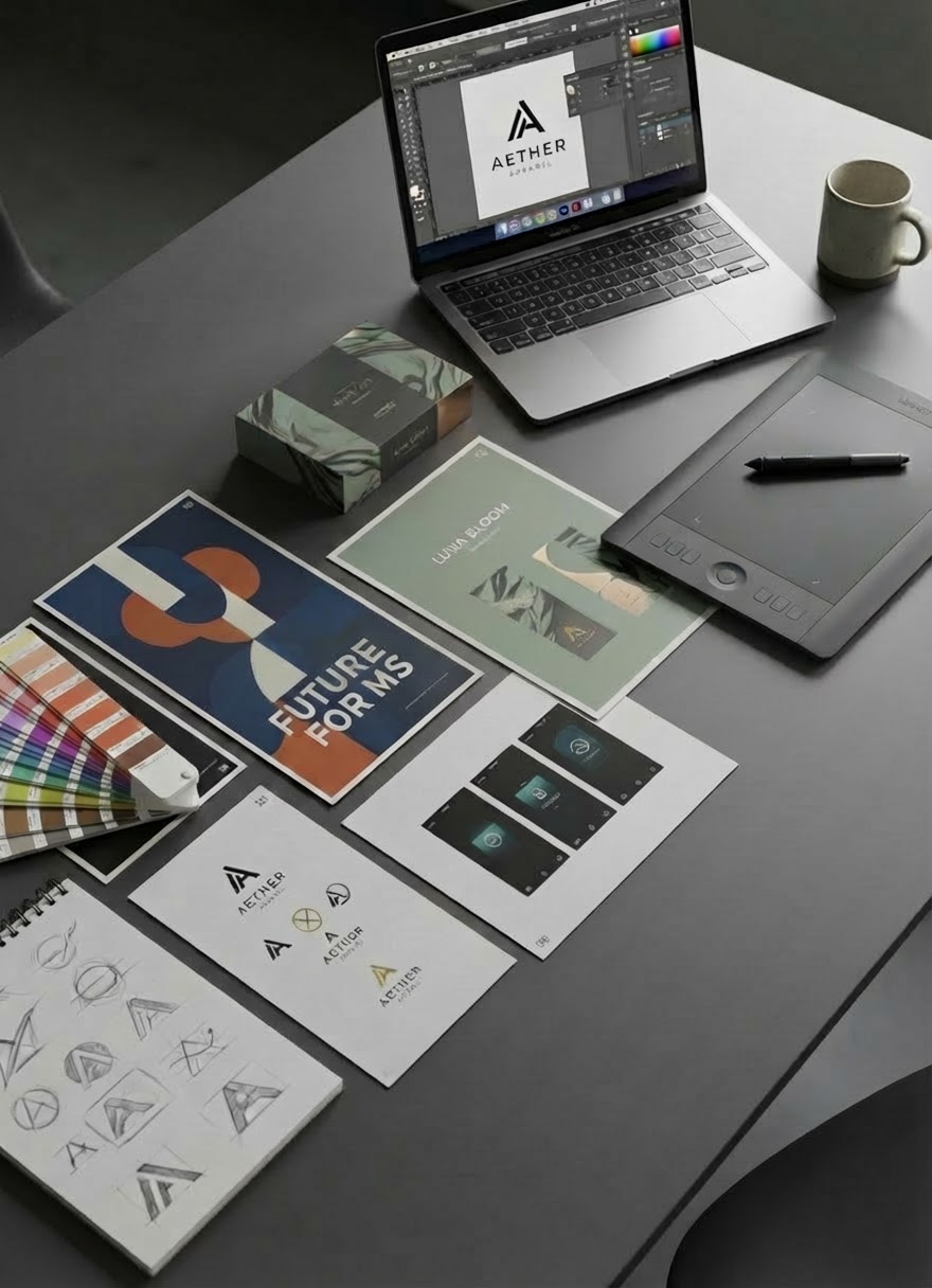 Professional design desk with laptop, graphics tablet, color swatches, and various branding concepts.